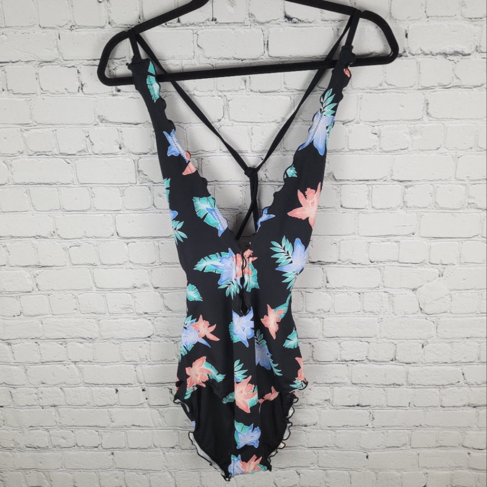 COCO RAVE | Bobbi Miami Spice floral print deep-V ruched scrunch ruffle swimsuit